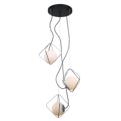 Lampa wisząca CANTO PEN-5696-3-BKCR Italux FANTAZYJNA FORMA SZKLANE KLOSZE W GEOMETRYCZNEJ KLATCE CZARNY / BIAŁY/ CHROM 
