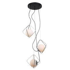 Lampa wisząca CANTO PEN-5696-3-BKCR Italux FANTAZYJNA FORMA SZKLANE KLOSZE W GEOMETRYCZNEJ KLATCE CZARNY / BIAŁY/ CHROM 