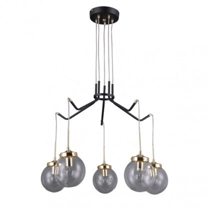 Lampa wisząca DOMENICO PNPL-43232-5A Italux INDUSTRIALNA Czarny matowy korpus ze złotymi dodatkami transparentne szklane klosze