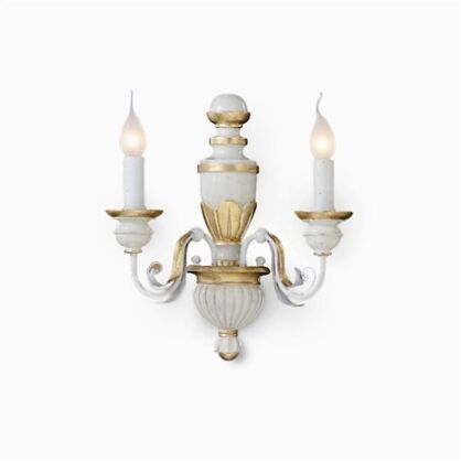 Kinkiet Firenze AP2 Ideal Lux  012902  korpus wykonany z żywicy oraz ma ręcznie modelowane metalowe ramiona kolor biało złoty styl pałacowy