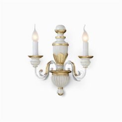 Kinkiet Firenze AP2 Ideal Lux  012902  korpus wykonany z żywicy oraz ma ręcznie modelowane metalowe ramiona kolor biało złoty styl pałacowy