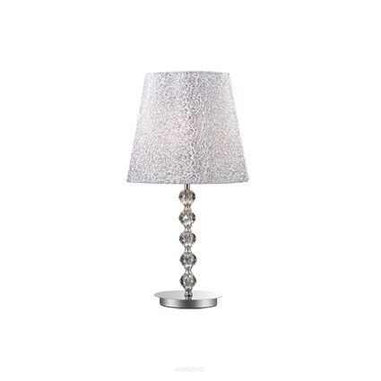 Lampa stołowa Le Roy TL1 BIG Ideal Lux 073408  chromowaną metalową podstawę ozdobioną kryształowymi elementami klosz wykonany z  tkaniną  błyszczącymi srebrnymi ozdobami