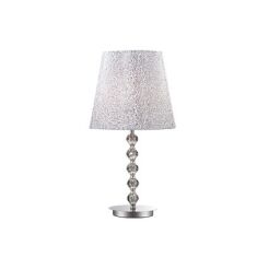 Lampa stołowa Le Roy TL1 BIG Ideal Lux 073408  chromowaną metalową podstawę ozdobioną kryształowymi elementami klosz wykonany z  tkaniną  błyszczącymi srebrnymi ozdobami