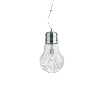 Lampa wisząca Luce Max SP1 Ideal Lux 033662   Klosz jest w kształcie żarówki wykonany z przezroczystego szkła ozdobione są wewnątrz aluminiowymi drucikami