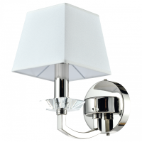 KINKIET DUBAI GUSTOWNA LAMPA W KOLORZE CHROMU ZE SZKLANYMI  ZDOBIENIAMI I BIAŁYM KLOSZEM Z TKANINY W KSZTAŁCIE KWADRATU COSMO LIGHT W01353WH NI