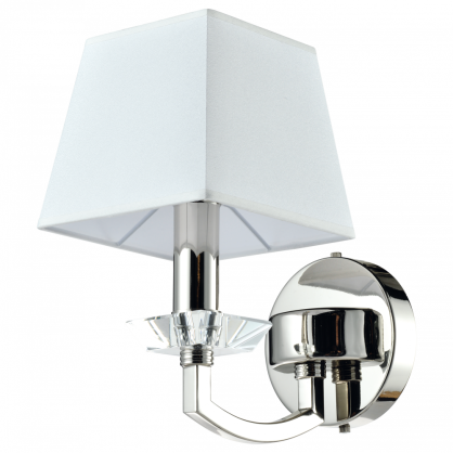 KINKIET DUBAI GUSTOWNA LAMPA W KOLORZE CHROMU ZE SZKLANYMI  ZDOBIENIAMI I BIAŁYM KLOSZEM Z TKANINY W KSZTAŁCIE KWADRATU COSMO LIGHT W01353WH NI