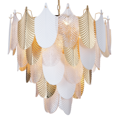 LAMPA WISZĄCA EFEKTOWNA MODERNISTYCZNA DOSKONAŁA DO WYSOKICH POMIESZCZEŃ ZŁOTE BIAŁE LIŚCIE COSMO LIGHT P21070AU