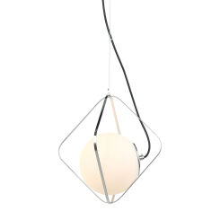 Lampa wisząca CANTO PEN-5696-1-BKCR Italux SZKLANY KLOSZ W GEOMETRYCZNEJ KLATCE CZARNY / BIAŁY/ CHROM NOWOCZESNA