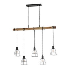 Lampa wisząca PONTE PND-4290-5-L Italux NIEZWYKŁE POŁĄCZENIE DRUCIANYCH KLOSZY Z DREWNIANA LISTWĄ  5xE27
