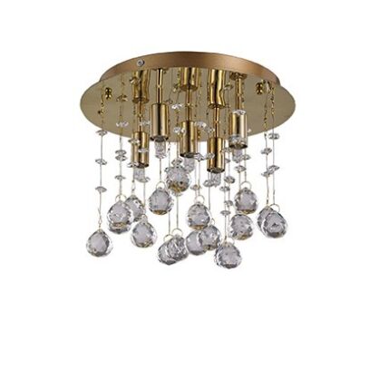Plafon MOONLIGHT PL5 Ideal Lux  podstawa w kształcie okręgu jest  z metalu w kolorze złotym mosiężnym zwisające kawałki są z kryształu