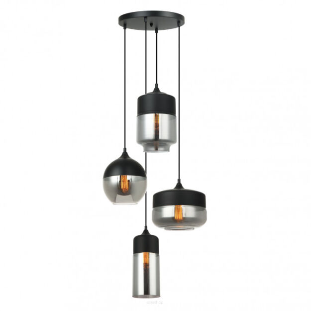 Lampa wisząca MOLINA MDM-4364/4 BK+SG Italux  3 KLOSZE RÓŻNEJ  WIELKOŚCI OKRĄGŁA PODSUFITKA CZARNY / CHROM / DYMIONE SZKŁO 