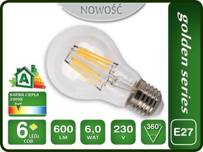 ŻARÓWKA LED E27 A60 FILAMENT RETRO 6W 600lm CIEPŁA