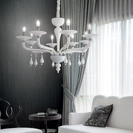 Lampa wisząca Miramare SP8 Ideal Lux 068190   z ręcznie dmuchanego przezroczystego i białego szkła chromowane wykończenia styl pałacowy