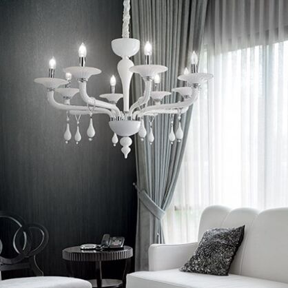 Lampa wisząca Miramare SP8 Ideal Lux 068190   z ręcznie dmuchanego przezroczystego i białego szkła chromowane wykończenia styl pałacowy