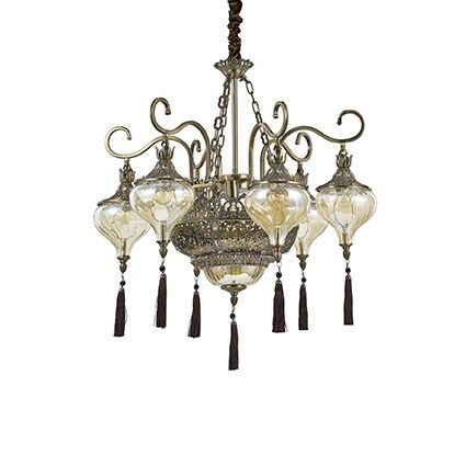 Lampa wisząca HAREM SP9 BRUNATNY Ideal Lux  116006 korpus z antycznego mosiądzu i metalu wytłoczone ornamenty szklane klosze z frędzlami osłona łańcucha