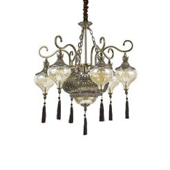 Lampa wisząca HAREM SP9 BRUNATNY Ideal Lux  116006 korpus z antycznego mosiądzu i metalu wytłoczone ornamenty szklane klosze z frędzlami osłona łańcucha